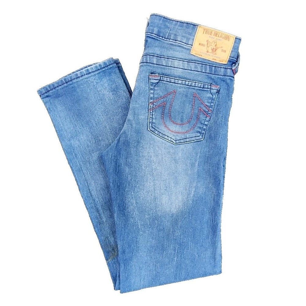 True Religion Geno Relaxed Slim Blue Women Size 16 Jeans Red Horseshoe Stitching